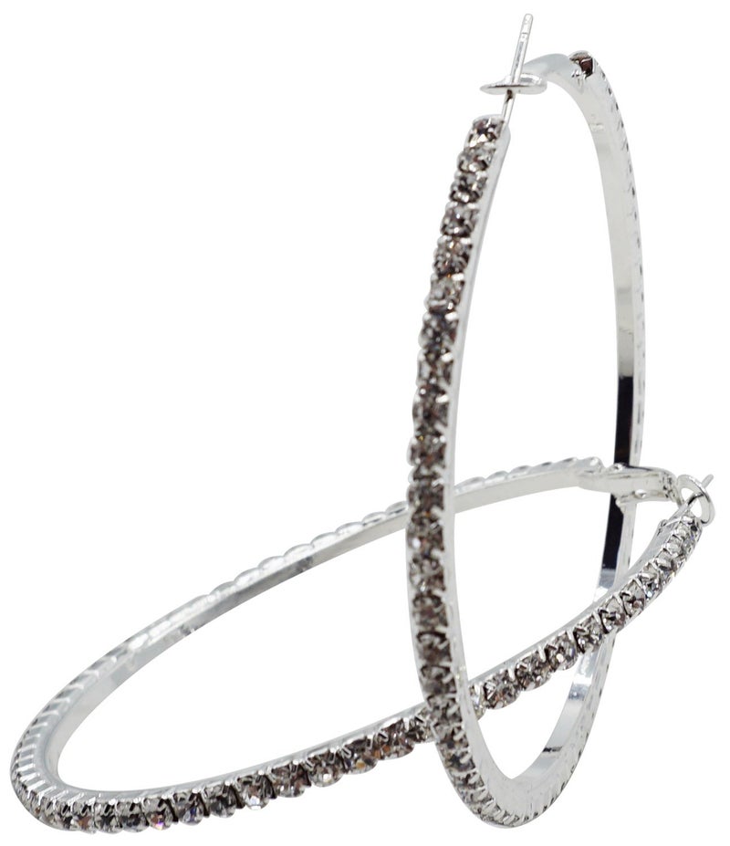 Bienvenu 60mm Rhinestone Plated Silver Hoop Earrings Big Circle Earring - Image 1